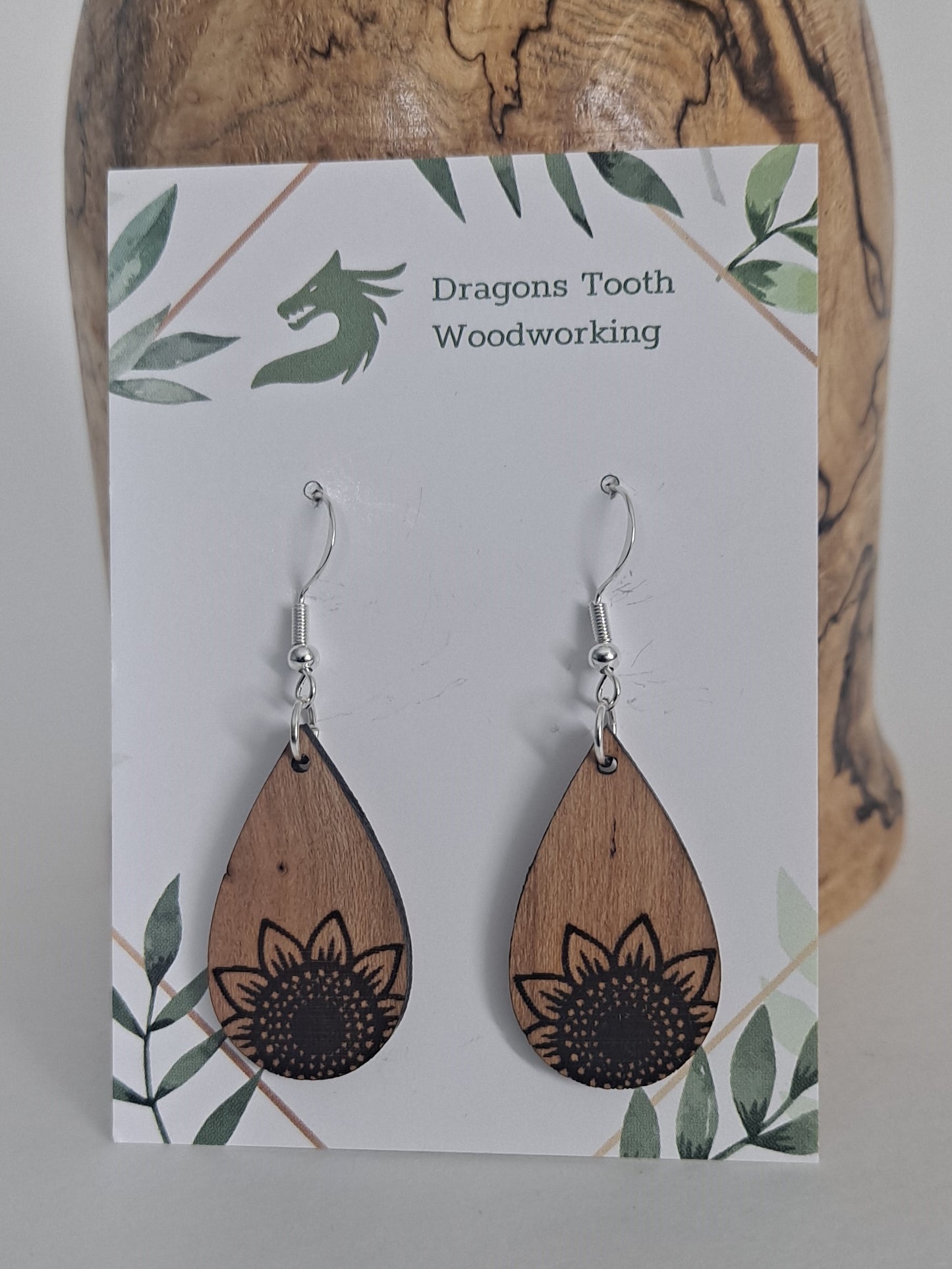 Sunflower Engraved Teardrop Earrings