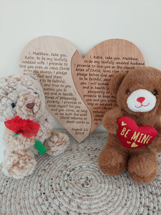 A handcrafted wooden heart plaque made from cherry and maple wood, engraved with personalized wedding vows, symbolizing unity and love.