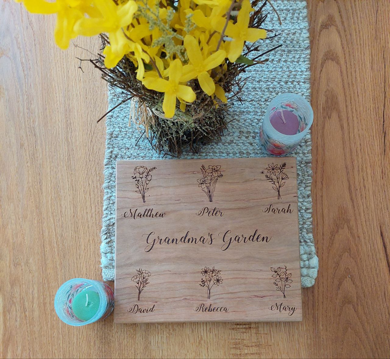 Front-facing view of a cherry wood Grandma's Garden plaque engraved with personalized family names and custom birth month flowers.