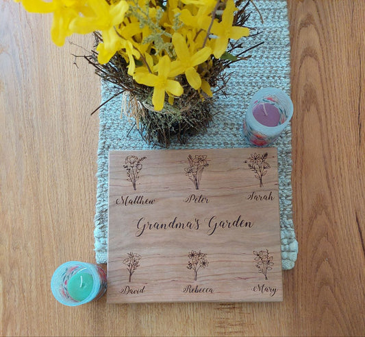 Front-facing view of a cherry wood Grandma's Garden plaque engraved with personalized family names and custom birth month flowers.