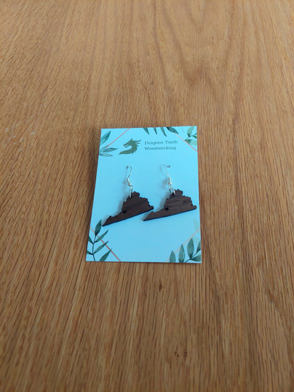 A front view of natural walnut earrings featuring a silhouette of the state of Virginia with a star cutout located where the city of Roanoke is.
