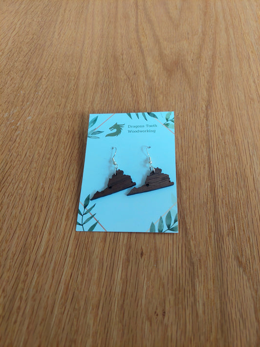 A front view of natural walnut earrings featuring a silhouette of the state of Virginia with a star cutout located where the city of Roanoke is.