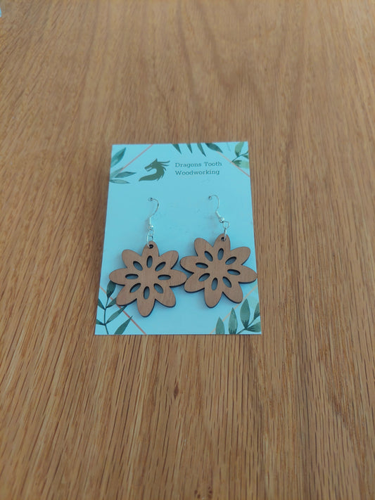 Handcrafted cherry wood daisy flower earrings showcasing a warm caramel-toned natural wood grain with sterling silver hooks.