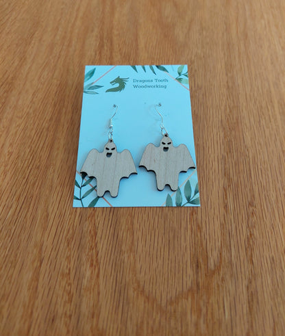 Pale blonde natural maple wood ghoul ghost earrings, a clean and cute spooky accessory handcrafted in Virginia.